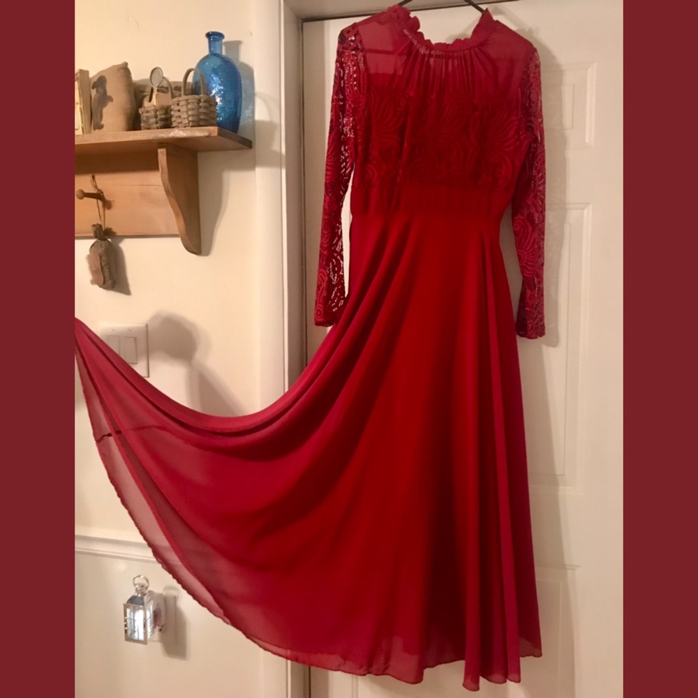 Red Chiffon Dress With Lace Sleeves BNWT
